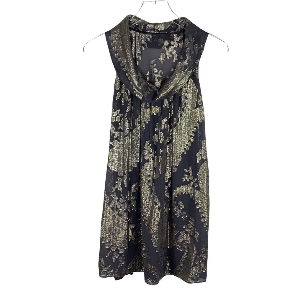 Nu Collective | Gray Gold Sleeveless Metallic‎ Drapeneck Silk Trapeze Dress XS